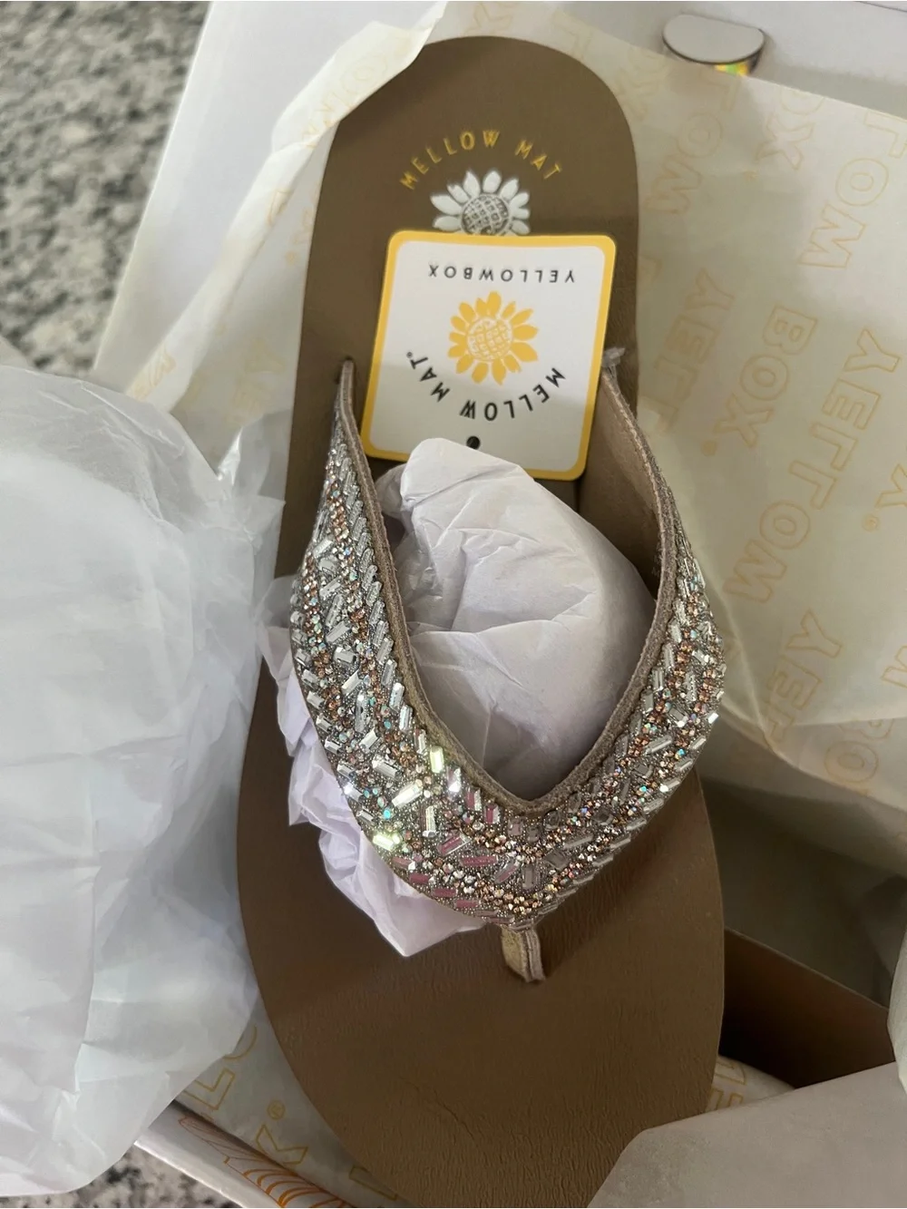 Yellow Box Leather Upper Taupe Embellished Beaded Flip Flop Sandal - Picture 2 of 4